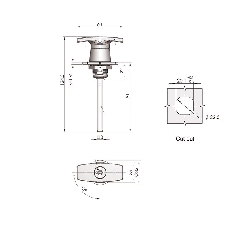 Cerraduras de manija industriales con rotación de 90° y manija MS313-2 sin inserto