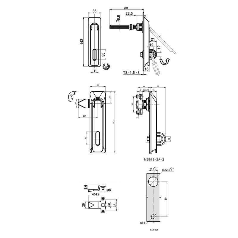 Cerraduras de puerta plana de eje largo ajustable MS818-2A