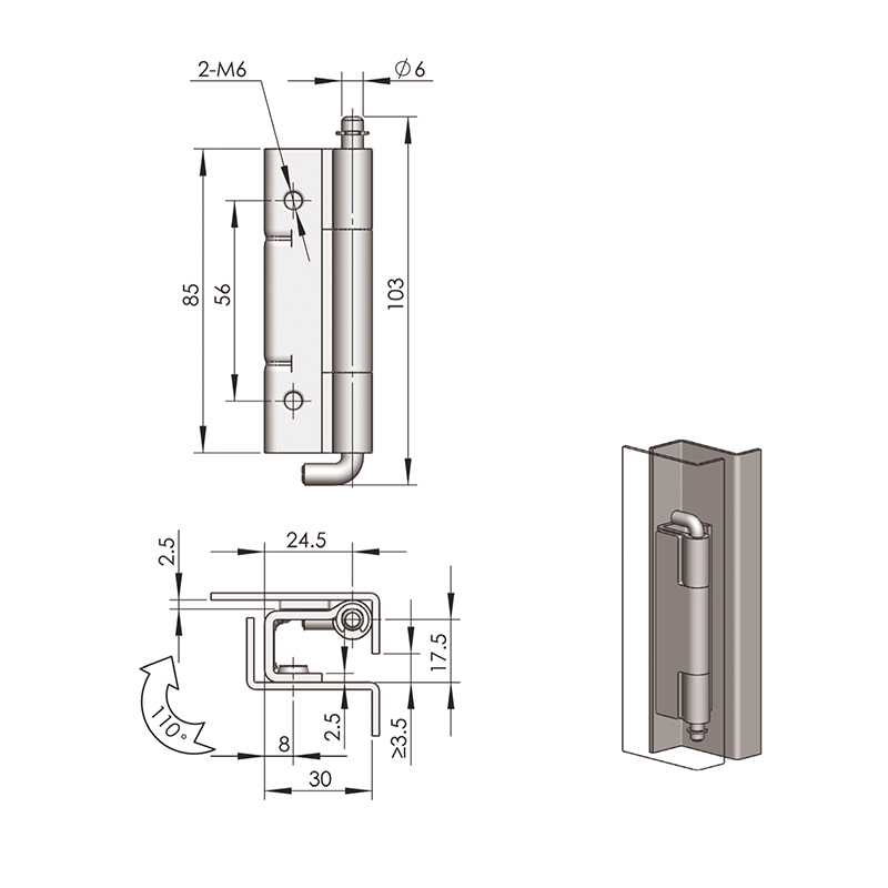 CL125 Bisagra incorporada de acero al carbono de hierro abierto de 110° (galvanizado blanco), pasador