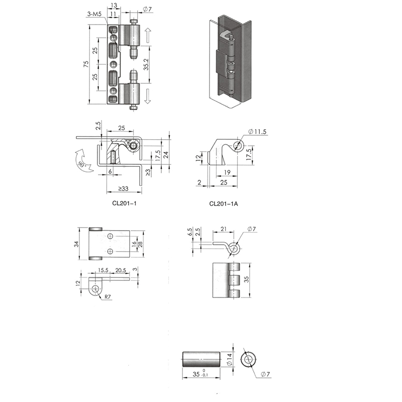 CL201-1S 183g Bisagras industriales cepilladas totalmente de acero inoxidable