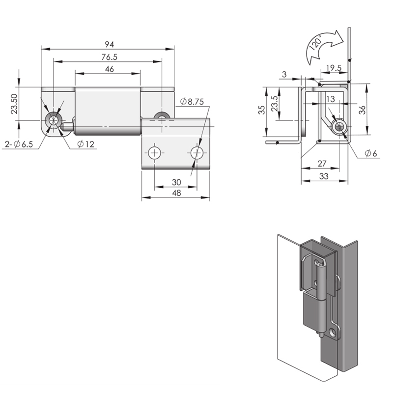 CL244 Bisagra incorporada de hierro galvanizado de ángulo abierto de 120°, pasador